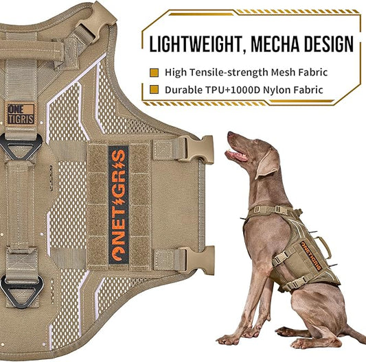 OneTigris Tactical Dog Harness for Large Dogs, Adjustable Tactical Dog Harness with Handles, Reflective Vest Heavy Duty & Breathable Military Assistance Vest with No Pull Buckle, Brown