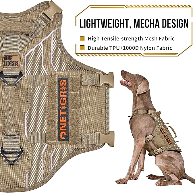 OneTigris Tactical Dog Harness for Large Dogs, Adjustable Tactical Dog Harness with Handles, Reflective Vest Heavy Duty & Breathable Military Assistance Vest with No Pull Buckle, Brown