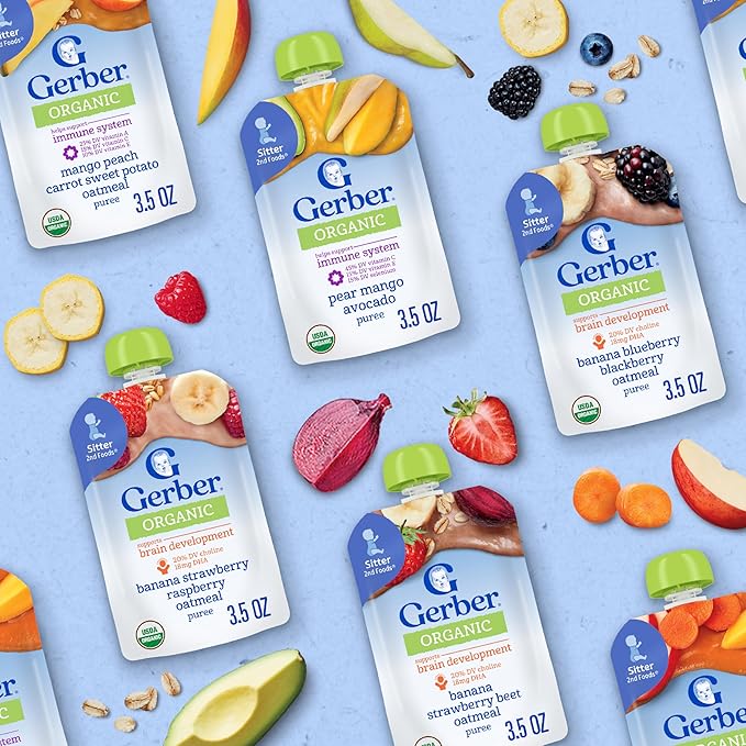 Gerber Stage 2 Baby Food, Organic Banana Blueberry Blackberry Oatmeal, Baby Puree, 12PK