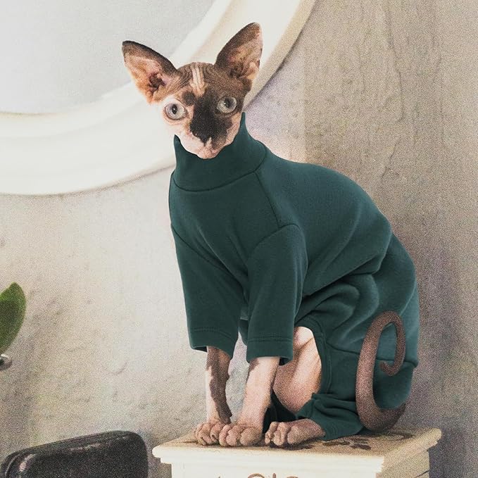 ROZKITCH Hairless Cat Clothes, Breathable Soft Cat Jumpers for Cats Only, Cat Coat with Four Legs, Warm Cat Sweater Cat T-Shirt Cat Pajamas Jumpsuit Vest Cornish Rex Devon Rex Peterbald DarkGreen 2XL