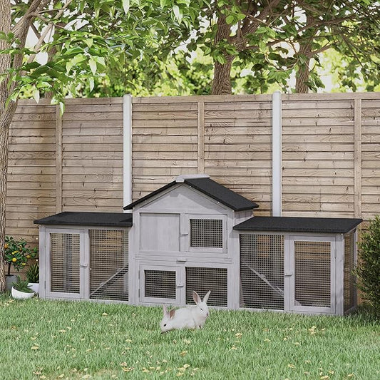 PawHut 83" L Outdoor Rabbit Hutch with Double Runs, Large Guinea Pig Cage Indoor, Wooden Bunny Hutch with Weatherproof Roof, Removable Tray, Ramps, Gray