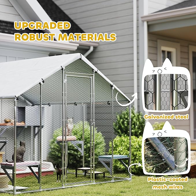 PawHut Catio Outdoor Cat Enclosure, 94.5" Extra Large Walk-in Cat House with Waterproof Cover, 2 Resting Boxes, 7 Jumping Platforms, Chicken Run Coop, Rabbit Hutch, Feral Cat Shelter for Multiple Cats