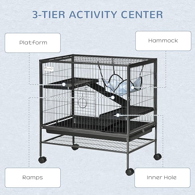 PawHut Small Animal Cage with Wheels, Pet Playpen for Rat, Syrian Hamster, Kitten, Ferrets, Chinchillas with Bottom Storage Shelf, Removable Tray, Ramp, 31.5" x 20.5" x 33.1"