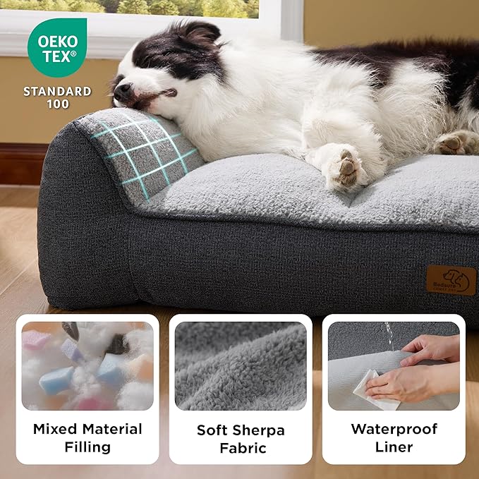 Bedsure XL Plus Orthopedic Dog Beds Large Sized Dog - Extra Thick Supportive Dogs Couch with Waterproof Washable Cover, Jumbo Comfort Pet Bed Sofa with Soft Plush Sherpa and Nonskid Bottom, Grey, 48"