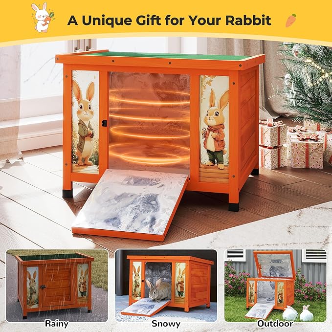 COZIWOW 24inches Insulated Cat House Outdoor Heated Indoor Small Animal House,Rabbit Cage Outdoor,Suitable for Small Cats, Rabbits, with Warm Liner for Winter(Orange with Warm)