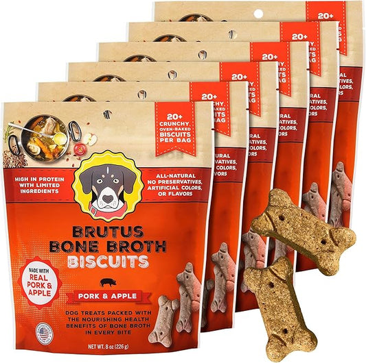 Brutus Bone Broth Biscuits (Pork and Apple) - Natural Treats - Healthy Dog Biscuits with Real Pork, Bone Broth and Apple for Healthy Joints - 18 Grams of Protein - 8 OZ (Pack of 6)