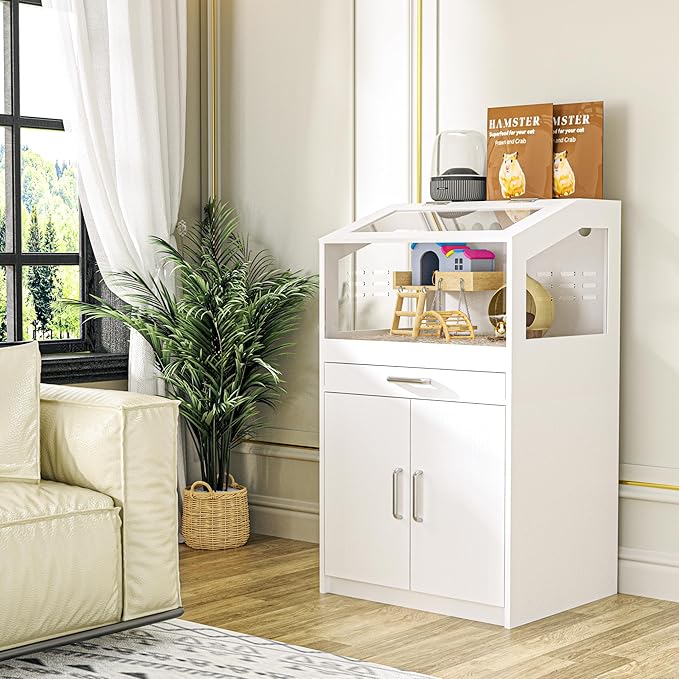 Hamster Cage with Storage Cabinet,Hamster Cag for Small Animals, Large Hamster Cage and Habitat with Easy View Acrylic Panels for Hamster, Rabbit, Hedgehog (24"x19"x40")