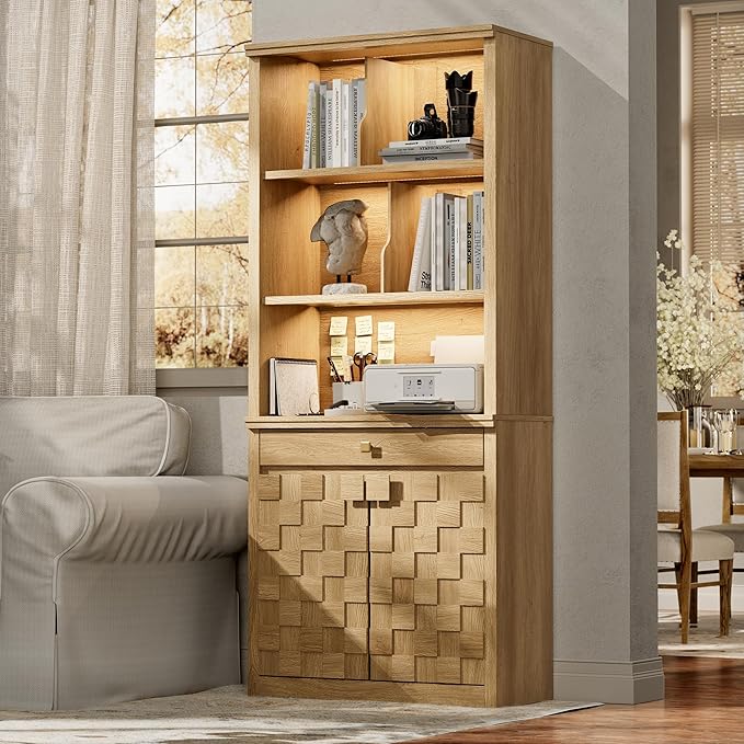 Fluted Bookcase with LED Light, 72.2" Tall Freestanding Bookshelf with Drawer and Doors, Modern Storage Book Case with 3-Tier Open Shelves for Home Office, Living Room, Bedroom (1, Original Oak)