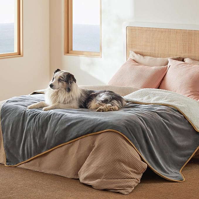 Bedsure Waterproof Blanket for Bed - Sherpa Fleece Waterproof Dog Blankets for Large Dogs, Pet Blankets for Bed/Couch, Soft Plush Reversible Furniture Protector, Twin Size, 80"x60", Grey