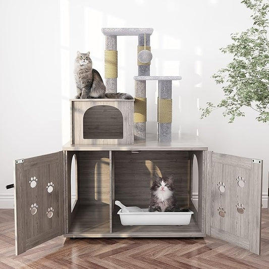 DKLGG Litter Box Enclosure with Cat Tree, Large Cat Tree with Hidden Litter Box Enclosure | All-in-one Indoor Kitten House w/Sisal Scratching Post, Plush Perch Platform & Divided Condo (Grey)
