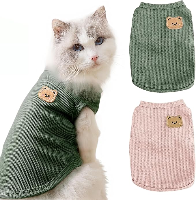2 Pack Shirts for Cat, Small & Medium Dog Clothes, Waffle-Knit Puppy Shirts, Lightweight, Breathable, Stretchy Pet Clothes, Sleeveless Tee Shirt Gift for Cats & Dogs (Green&Pink, XLarge)