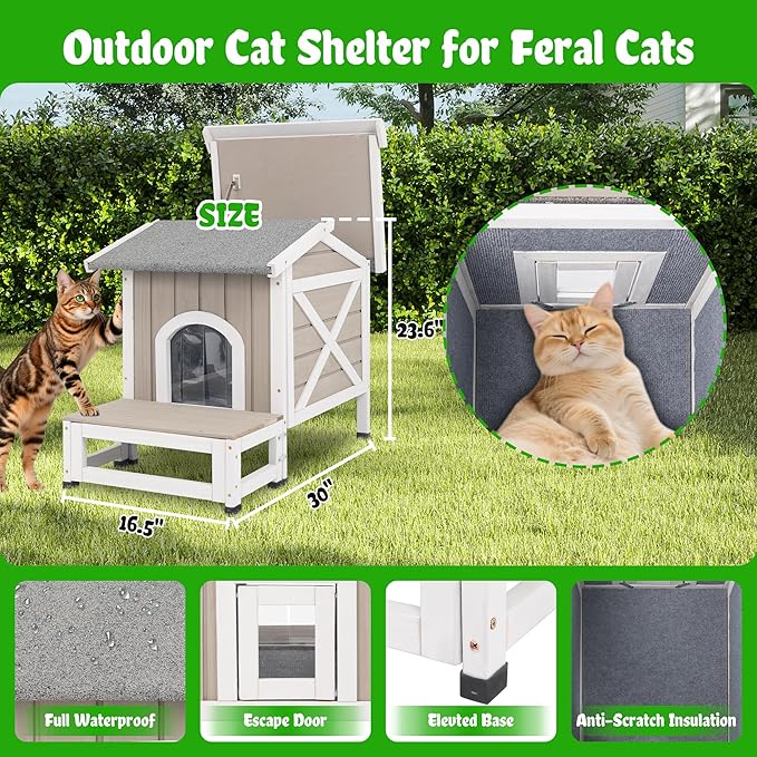 Insulated Outdoor Cat House Weatherproof Feral Cat Shelter for Winter Outside Cat Houses for 1-2 Cats Indoor Pets Condo with Waterproof Roof & Escape Door, 6.3" Raised Base & Balcony