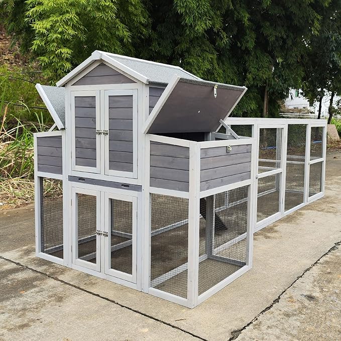 150" Extra Large Chicken Coop – Outdoor Wooden Hen House with Black Rust-Proof Metal Wire, 2 Spacious Nesting Boxes, 5 Perches, Predator-Proof & Durable Chicken Cage for 4-6 Poultry White