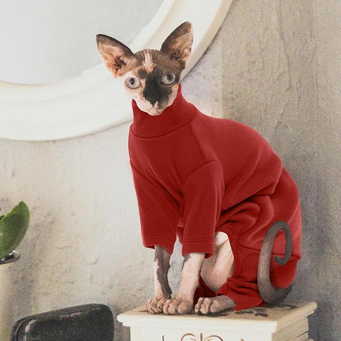 ROZKITCH Hairless Cat Clothes, Breathable Soft Cat Jumpers for Cats Only, Cat Coat with Four Legs, Warm Cat Sweater Cat T-Shirt Cat Pajamas Jumpsuit Vest Cornish Rex Devon Rex Peterbald Red S