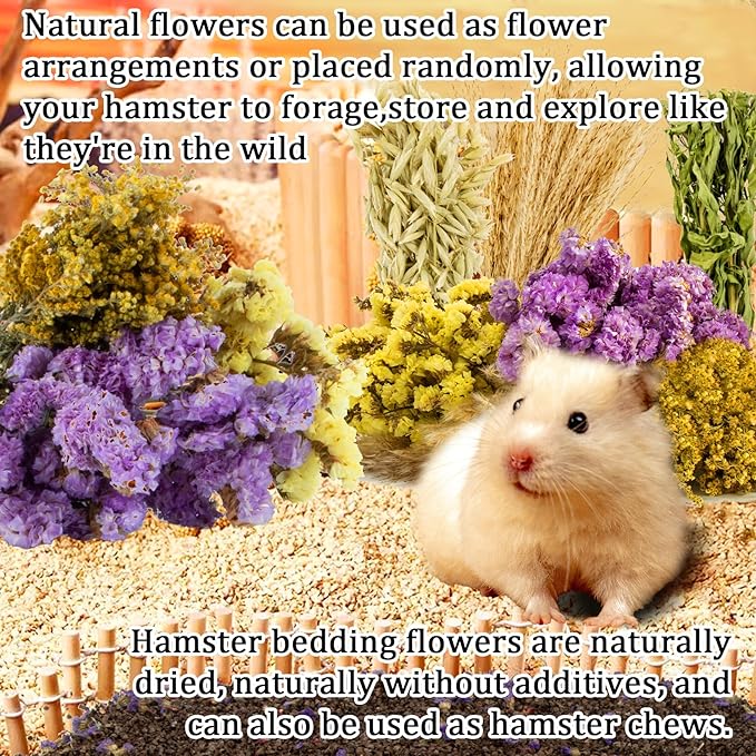 Sukh 42Pcs Herb Bedding Habitat Decor - Natural Flower Hamster Mate Herbs Sprays Cage Safe Pet Accessories Decorations Hideout for Hamsters Mouse Guinea Pig Dwarf Gerbils Syrian Mice