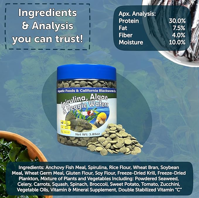 Aquatic Foods Inc. 8mm - 1/3" Small Sinking Wafers of Spirulina, Algae for Bottom Fish, Plecos, Catfish, Shrimp, Snails & Tropicals. 4-Type Wafer & 12-Type Pellet Mix Included 1-lb 4oz Canister