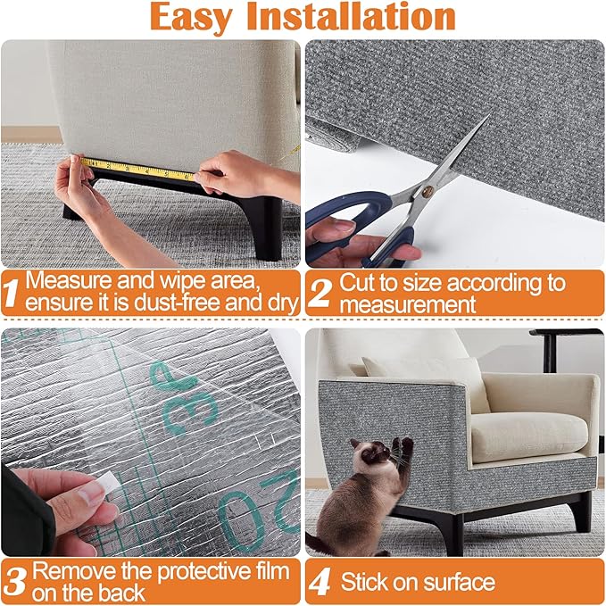 Cat Scratch Furniture Protector - 78.7" x 13.8" Trimmable Self-Adhesive Cats Claws Scratch Pads, DIY Cat Climbing Couch Protector for Scratch Post Cat Tree Replacement Indoor (Light Gray)