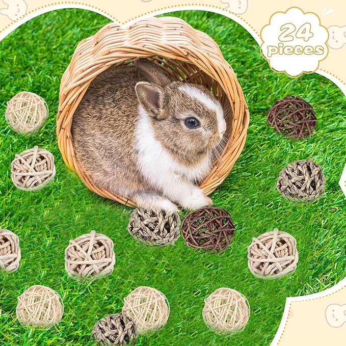 24 Packs Guinea Pigs Toys Small Animals Play Balls Chew Gnawing Treats Bunny Toys Hay Grass Balls for Small Animals Entertainment PET Cage Accessories