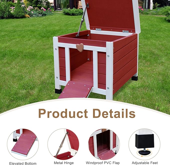 Waterproof Cat House for Outdoor Cats, Wooden Small Pet House Outside, Weatherproof Feral Cat Shelter with Elevated Floor and Lockable Door - Red