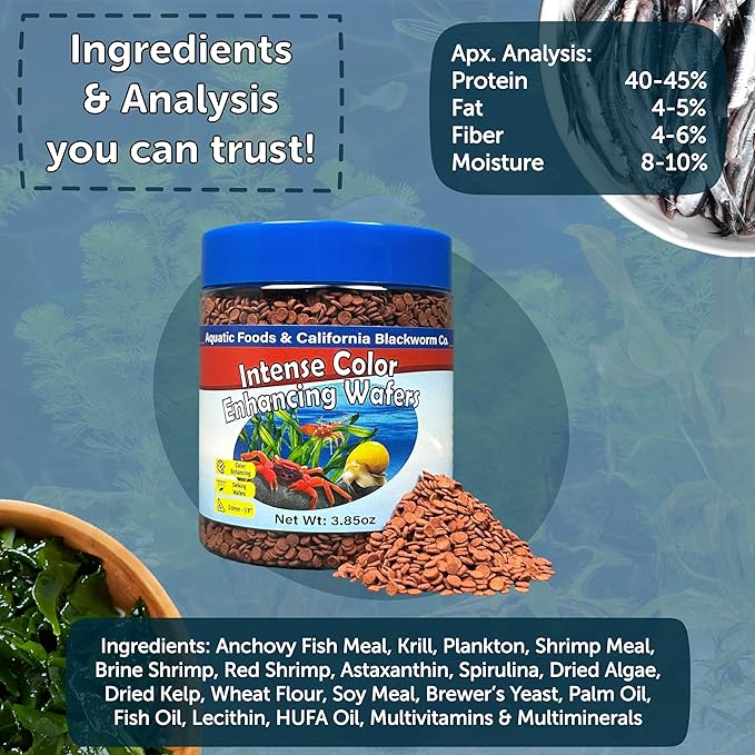 Aquatic Foods Inc. 3.5mm - 1/8" Micro Sinking Color Enhancing Wafers for Bottom Fish, Plecos, Catfish, Shrimp, Snails, Crabs, Call Tropical Fish, 4-Type Wafer & 12-Type Pellet Mix Included...5oz