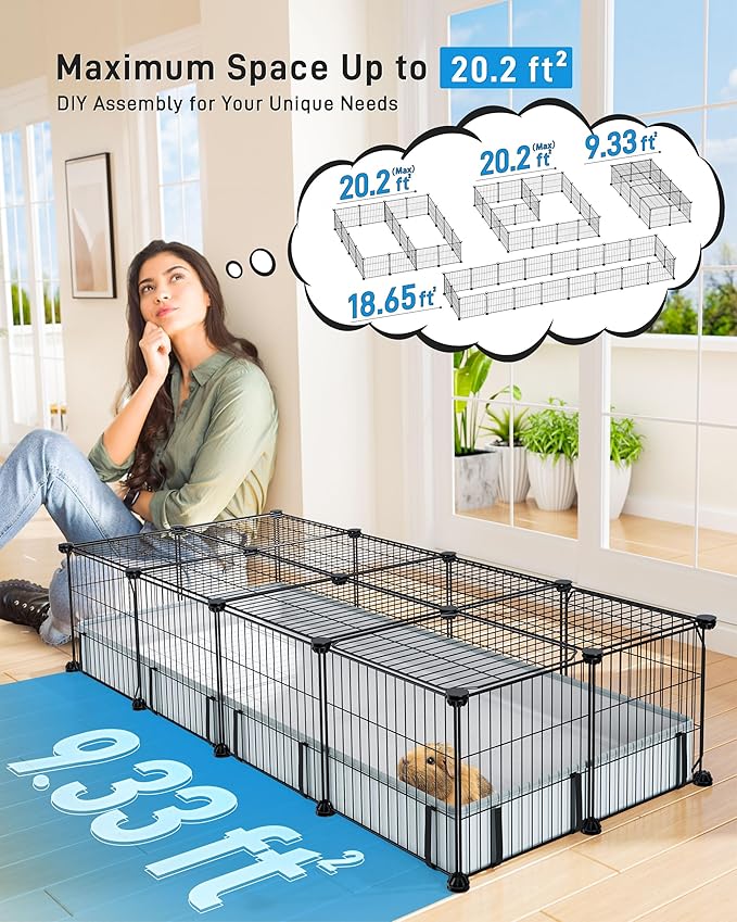BUCATSTATE 20 Panels Guinea Pig Cages, Rabbit Cage Indoor with Waterproof Mat, Small Animal Playpen with Door for Guinea Pigs, Bunny, Hedgehogs, Chickens, Chinchillas (56" L x 24" W x 12" H)