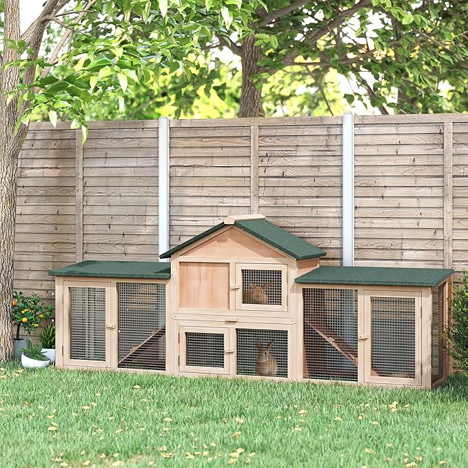 PawHut 83" L Outdoor Rabbit Hutch with Double Runs, Large Guinea Pig Cage Indoor, Wooden Bunny Hutch with Weatherproof Roof, Removable Tray, Ramps, for Rabbits, Chickens, Ducks, Natural