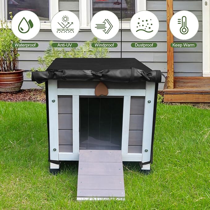 Deblue Feral Cat House with Cover, Weatherproof Wooden Cat House, Outdoor Stray Cat Shelter for Small Pets - Grey House with Cover