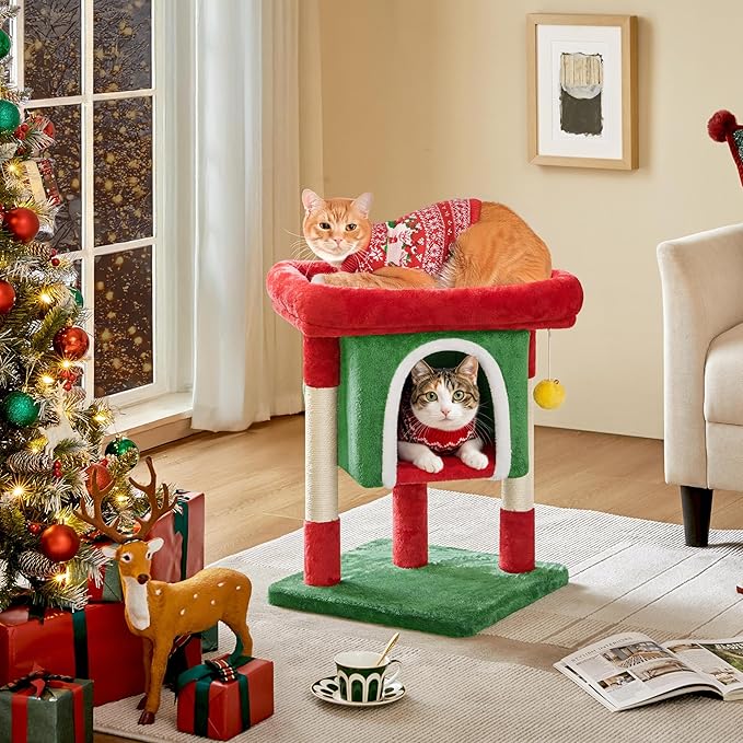 Yaheetech Christmas Themed Cat Tree 23.5in, Cat Tower with Wide Perch, Spacious Condo, Scratching Posts for Large Kitty, Indoor Activity Center Pet Furniture Decoration, Red/Green