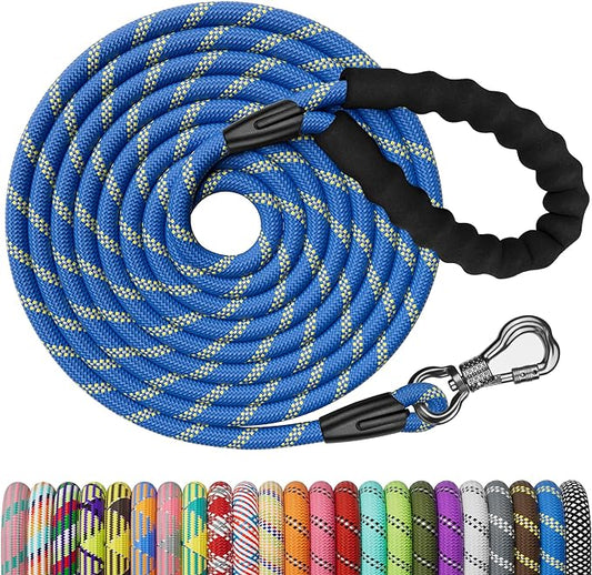NTR 15FT Heavy Duty Dog Leash, Blue Rope Leash for Dog Training with Swivel Lockable Hook,Reflective Threads and Comfortable Handle,Dog Lead for Walking,Hunting,Camping for Medium and Large Dog