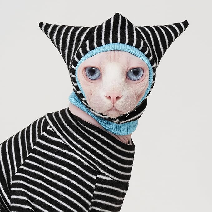 Sphynx Cat Clothes Black Stripe Breathable Shirts Suit, Pet Hat and Shirt Set (Small)