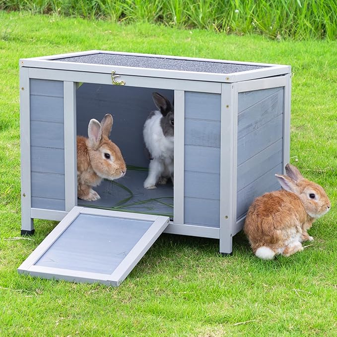 COZIWOW 24in Wooden Cat House Outdoor & Indoor Pet Shelter with Foldable Ramp - Weatherproof Rabbit Hutch with Unique Machine-Printed Art Designs for Cat, Rabbit, Guinea Pig (Grey)