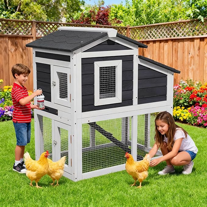 Small Chicken Coop for 2 Chickens,Wooden Chicken Coops with Nesting Boxes Indoor Outdoor,Bunny House Rabbit Hutch Poultry Pet Run Cage with Waterproof Roof,Stairs&Leak-Proo-Tray (Grey)