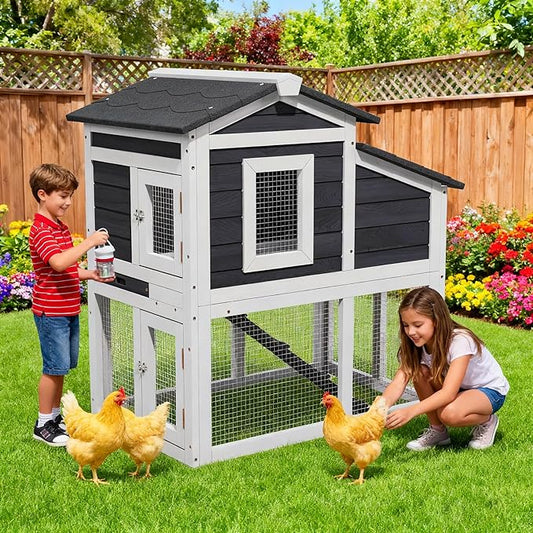 Small Chicken Coop for 2 Chickens,Wooden Chicken Coops with Nesting Boxes Indoor Outdoor,Bunny House Rabbit Hutch Poultry Pet Run Cage with Waterproof Roof,Stairs&Leak-Proo-Tray (Grey)