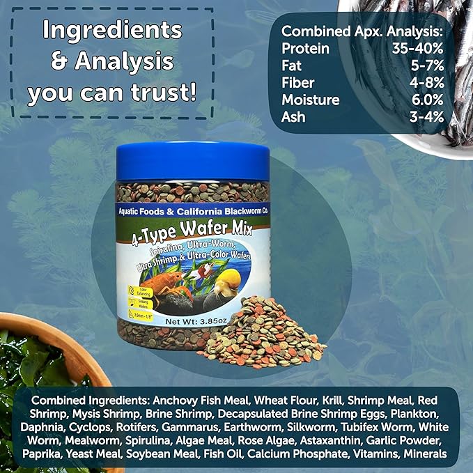 Aquatic Foods Inc. 4-Type 3.5mm - 1/8" Sinking Wafer Mix of Spirulina-Algae, Ultra-Worm, Ultra-Shrimp, Color Enhancing Wafers for Shrimp, Snails, Crabs, Crayfish, All Tropical Fish, 3.5mm..1-lb 4oz