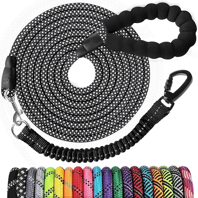 jenico Long Dog Leash 30FT: Heavy Duty Rope Leashes for Dogs Training with Swivel Lockable Hook Reflective Threads Bungee and Padded Handle - Dog Lead for Large Small Medium Dogs Outside