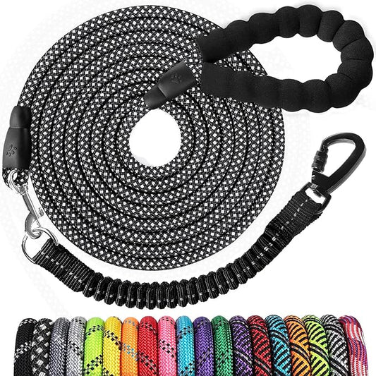 jenico Long Dog Leash 10FT: Heavy Duty Rope Leashes for Dogs Training with Swivel Lockable Hook Reflective Threads Bungee and Padded Handle - Dog Lead for Large Small Medium Dogs Outside Walking