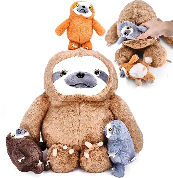 Giant Sloth Stuffed Animal - Ideal Gift for Kids, Adults who are Enthusiasts, Soft, Fluffy Plush and Cuddly Large Sloth with 3 Adorable Baby Sloths - Brown 12.5" x 5.9"