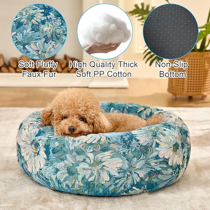 Dog Calming Beds for Small Medium Large Dogs - Round Donut Washable Puppy Dog Bed, Anti-Slip Faux Fur Fluffy Donut Cuddle Anxiety Cat Pet Bed (24" Flower)