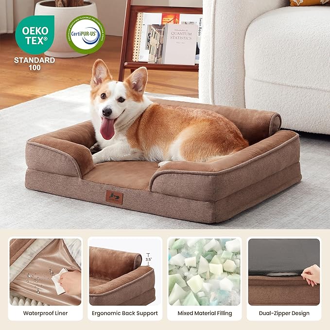 Orthopedic Dog Beds for Large Sized Dogs, Waterproof Egg-Crate Foam Pet Couch Bed with Soft Sides, Non-Slip Dog Sofa with Flannel Removable Washable Cover, 35" L Supportive Pet Sofa, Brown