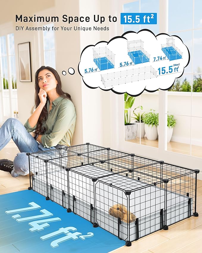 BUCATSTATE 20 Panels Guinea Pigs Cages, Small Animal Playpen with Waterproof Mat, 47" L*24" W*12" H Metal Hedgehog Enclosure with Door, C&C Cage for Bunny Rabbit Chinchillas