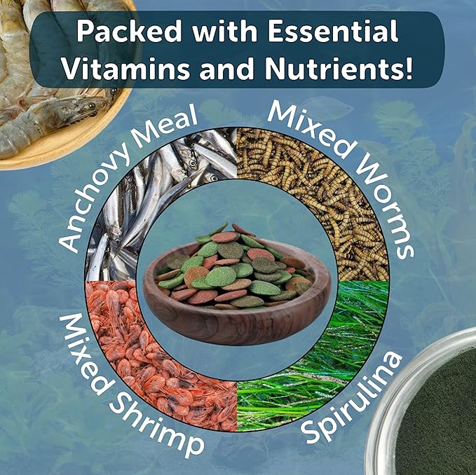 Aquatic Foods Inc. 4-Type 12mm - 1/2" Sinking Wafer Mix of Spirulina-Algae, Ultra-Worm, Shrimp, Color Enhancing for Shrimp, Snails, Crabs, Crayfish, Bottom Fish, 12-Type Pellet Mix Included...11.5oz