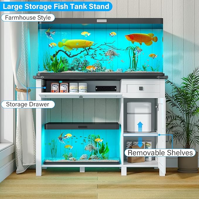 40 Gallon Fish Tank Stand with Power Outlets, Farmhouse Decorative Aquarium Stand Furniture with Adjustable Shelves and Drawer, Reptile Turtle Tank Stand with Cabinet Storage (White, 30-40GL)
