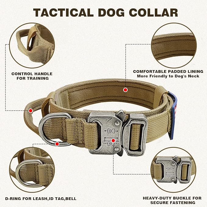 Tactical Dog Collar and Bungee Leash, Camo Military Dog Collar & Leash Set with USA American Flag Adjustable K9 Collar with Heavy Duty Metal Buckle & Handle,with Patches and Airtags Case (L, Brown)