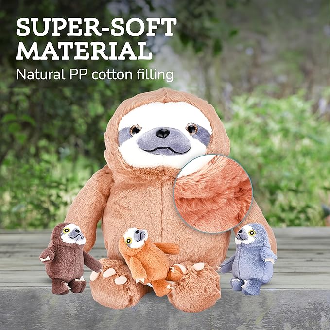Giant Sloth Stuffed Animal - Ideal Gift for Kids, Adults who are Enthusiasts, Soft, Fluffy Plush and Cuddly Large Sloth with 3 Adorable Baby Sloths - Brown 12.5" x 5.9"