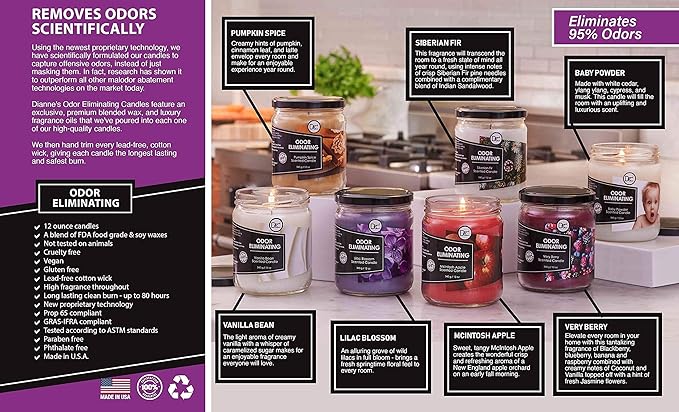 Lilac Blossom Odor Eliminating Highly Fragranced Candle - Eliminates 95% of Pet, Smoke, Food, and Other Smells Quickly - Up to 80 Hour Burn time - 12 Ounce Premium Soy Blend