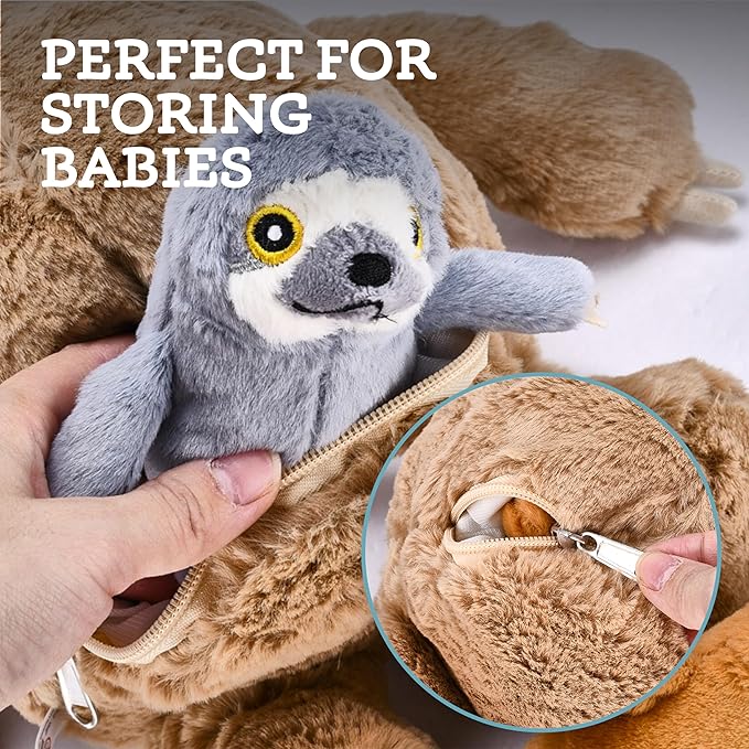Giant Sloth Stuffed Animal - Ideal Gift for Kids, Adults who are Enthusiasts, Soft, Fluffy Plush and Cuddly Large Sloth with 3 Adorable Baby Sloths - Brown 12.5" x 5.9"