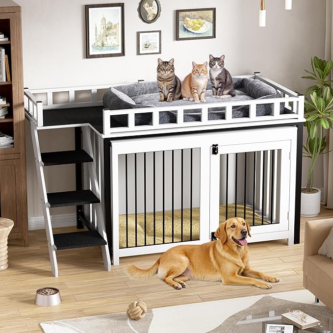 PakaLife Loft-Style Dog Crate Furniture with Double Doors, Heavy Duty Dog Kennel Indoor for Medium and Large Dogs, Wooden Pet House with Multi-Purpose Blanket and Fluffy Dog Bed