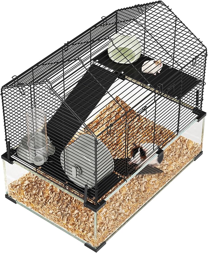 3 Tiers Large Hamster Cage - Metal Enclosure & Glass Mouse Cage with Ceramic Hideout, Running Wheel, Water Bottle & Feeding Bowl, Small Animal Habitat for Rodent Hamsters Rat Mouse Gerbil Mice