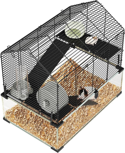 3 Tiers Large Hamster Cage - Metal Enclosure & Glass Mouse Cage with Ceramic Hideout, Running Wheel, Water Bottle & Feeding Bowl, Small Animal Habitat for Rodent Hamsters Rat Mouse Gerbil Mice