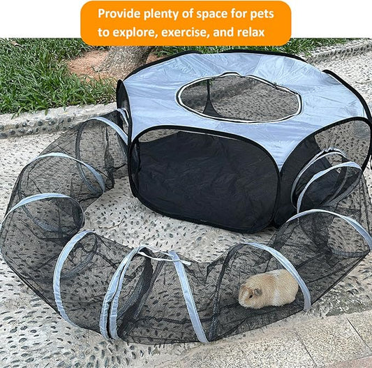 Small Animal Playpen with Tunnel–Pop-up Guinea Pigs Play Pen Foldable Outdoor and Indoor Pet Tent for Rabbits, Chinchillas and Ferrets